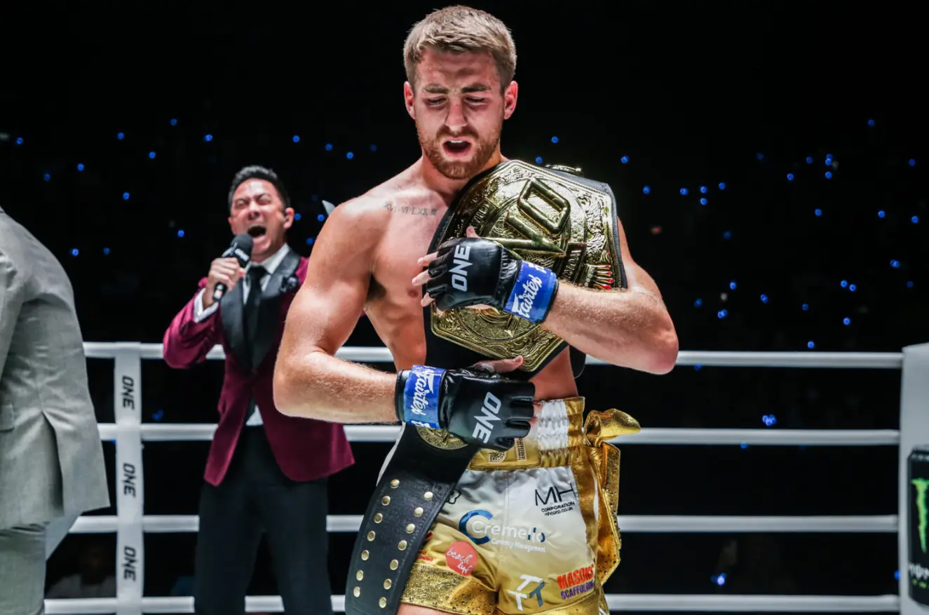 Jonathan Haggerty after becoming Muay Thai champion