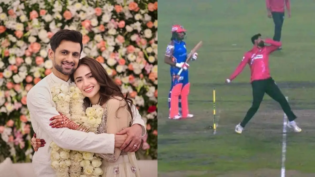 Shoaib Malik Bowled Three No-Balls In Bangladesh Premier League Shoaib Malik bowling no-ball and on Other pic with second wife Sana