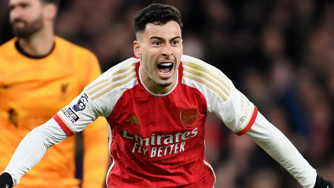 Martinelli celebrates after scoring 2nd goal against Liverpool