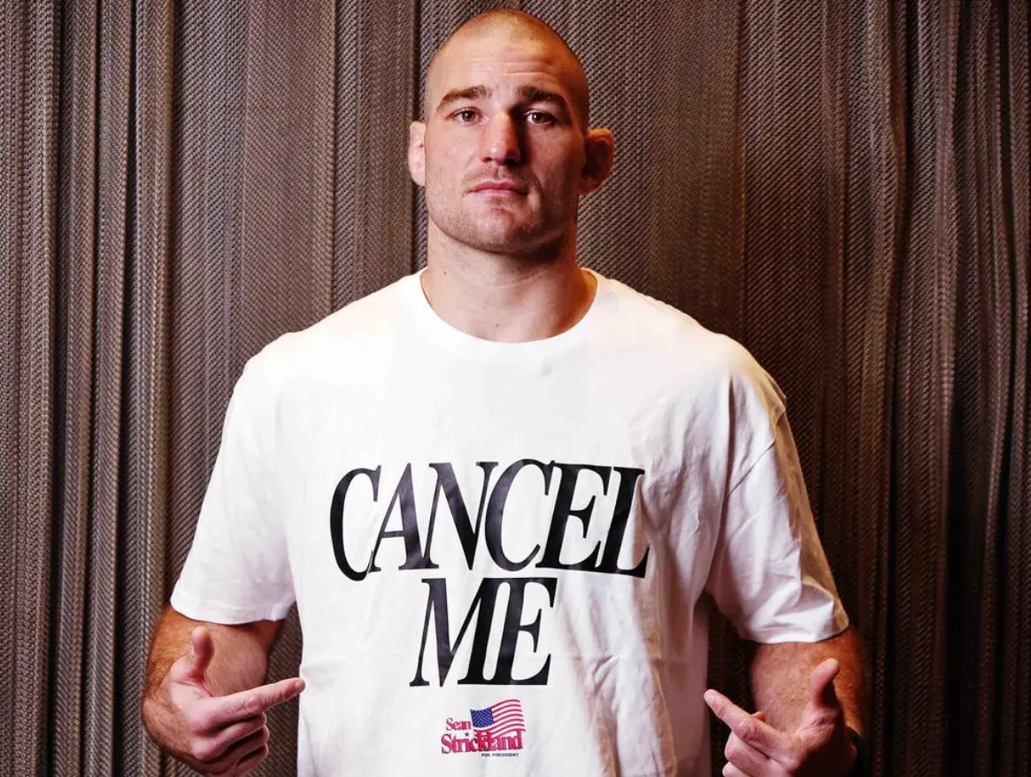 Sean Strickland wearing a "cancel me" t-shirt