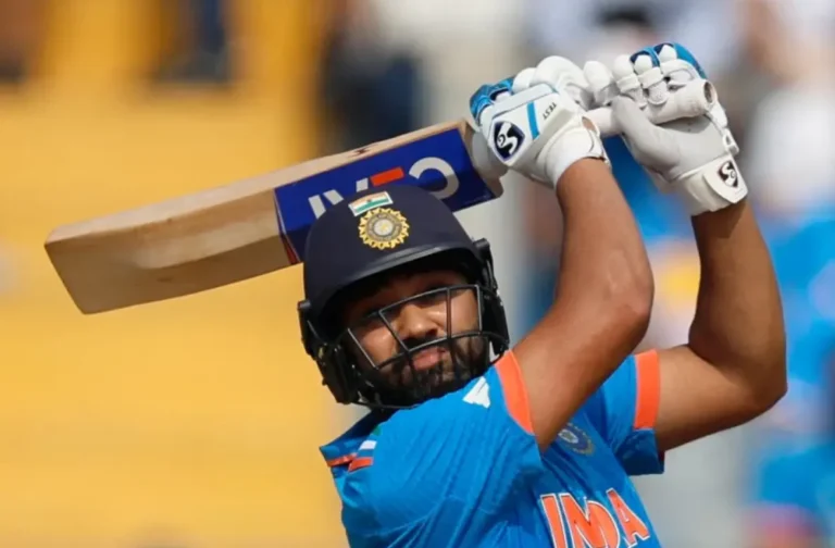 Rohit Sharma while hitting a six