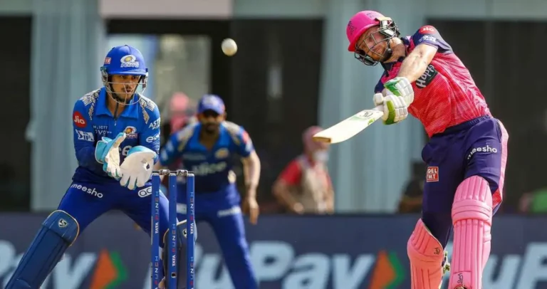 RR vs MI: Jos Buttler hitting a shot over covers