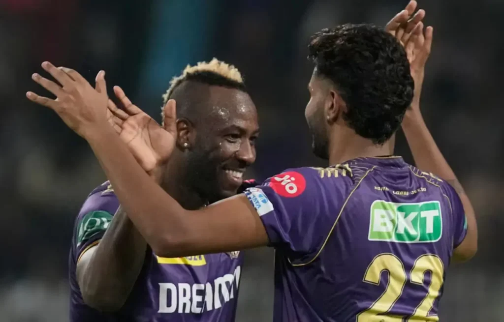 GT vs KKR: Andre Russell and Harshit Rana celebrating after a wicket