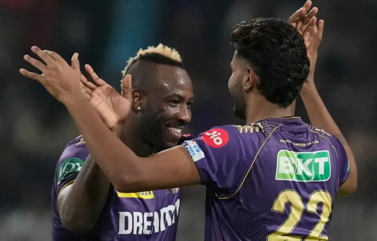IPL 2024 63rd Match GT vs KKR: Weather Forecast And Pitch Report GT vs KKR: Andre Russell and Harshit Rana celebrating after a wicket
