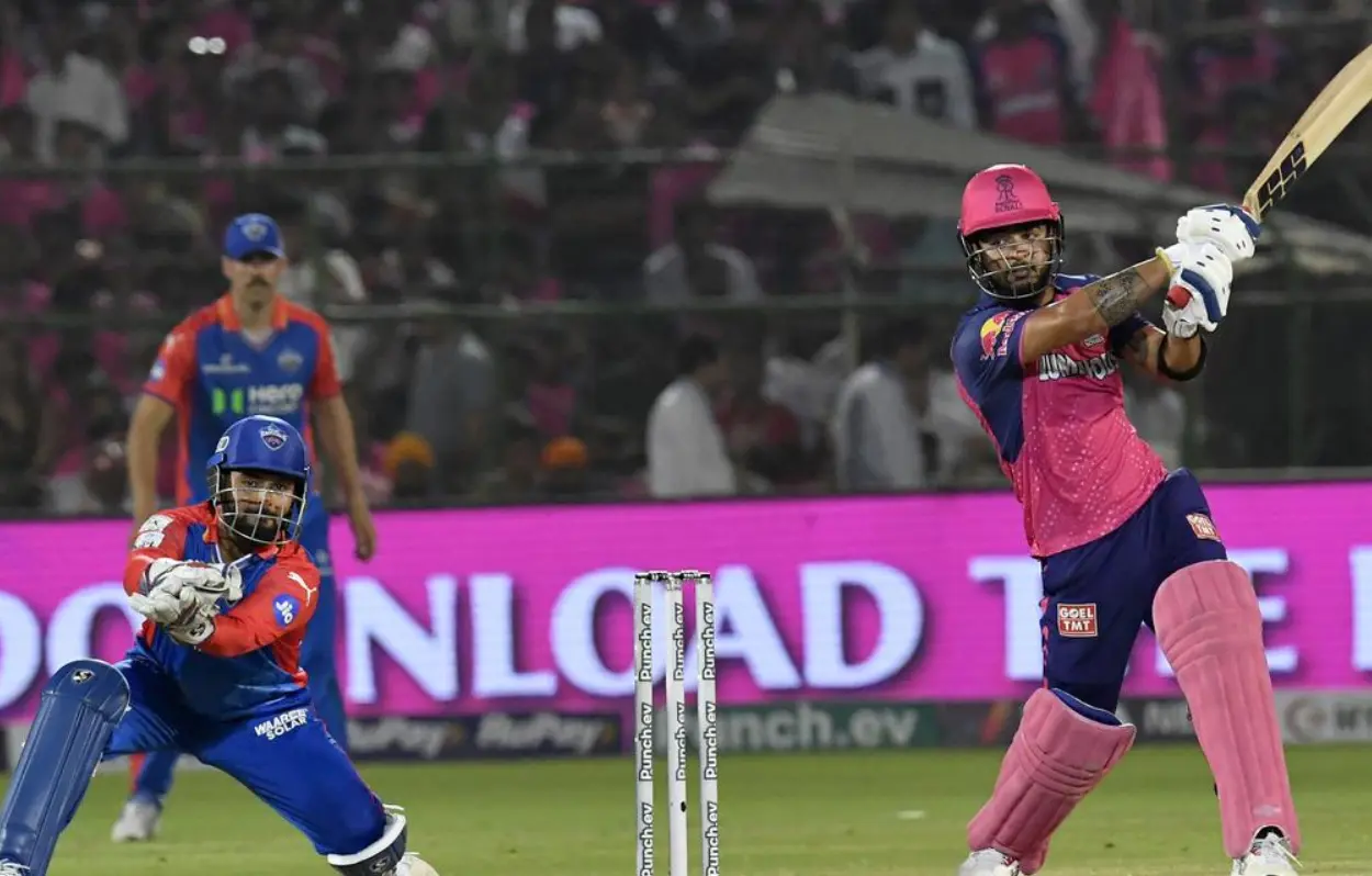 IPL 2024 56th Match DC vs RR: Weather Forecast And Pitch Report DC vs RR: Riyan Parag while hitting a shot in an IPL match
