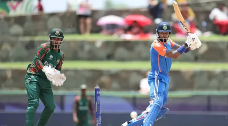 Hardik Pandya while hitting a shot at point