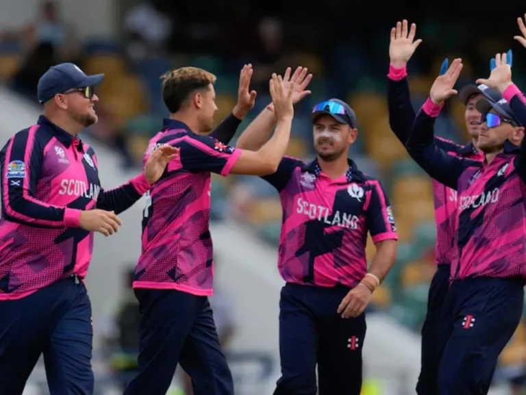 Scotland players celebrating a wicket during match