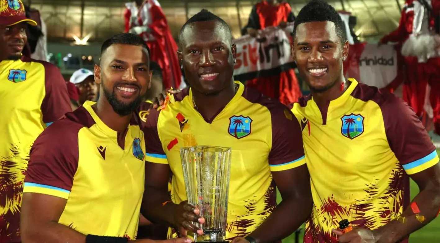 West Indies players Rovman Powell, Akeal Hossein, and Nicholas Pooran