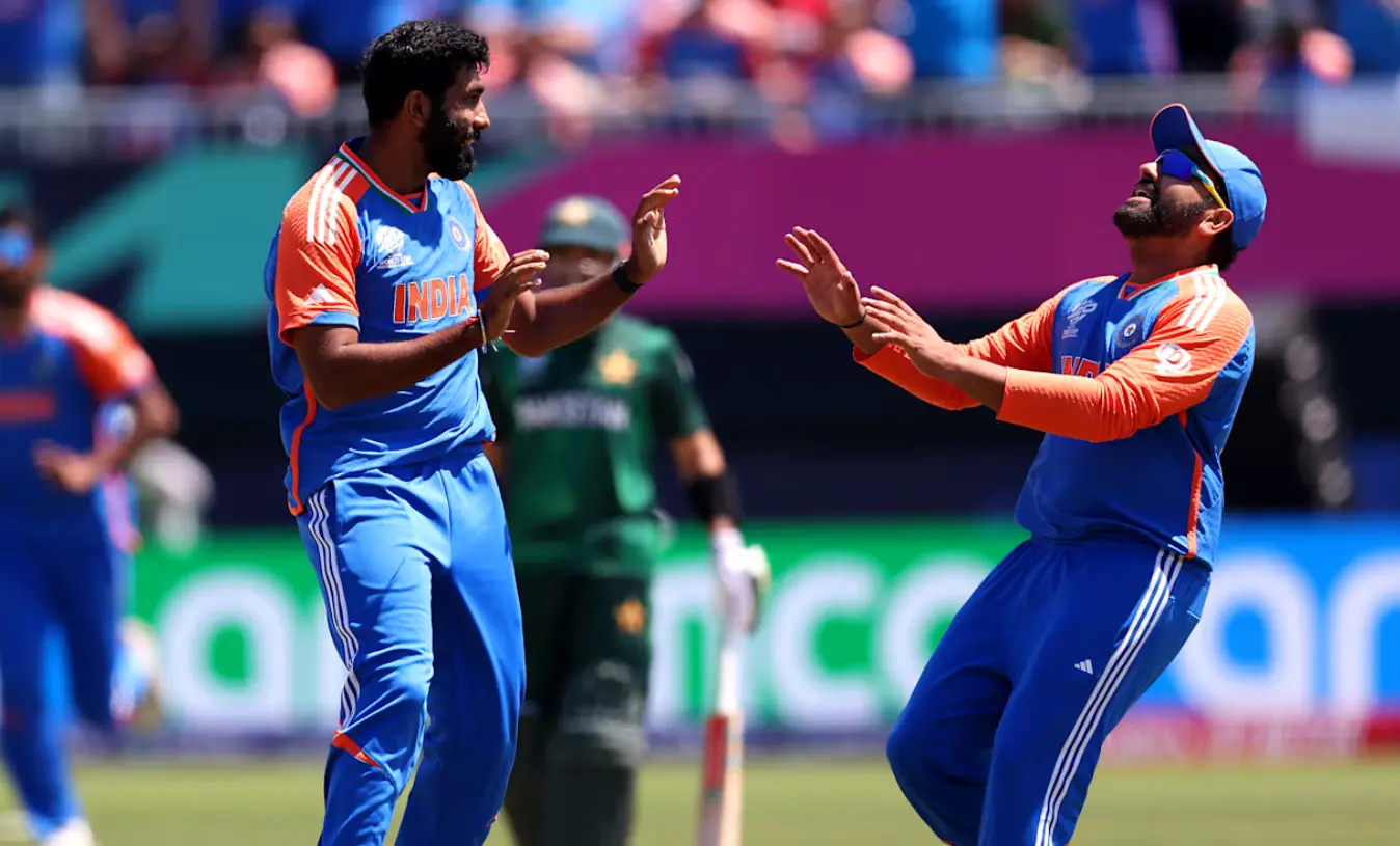T20 World Cup 2024 Match 19: India vs Pakistan| Match Results| Award Winners| POTM| Stats| Records India's Jasprit Bumrah and Rohit Sharma celebrating a wicket