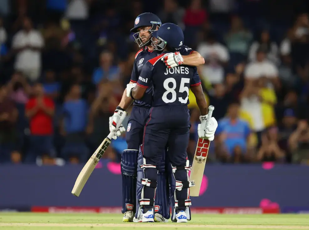 T20 World Cup 2024 Match 1: USA vs Canada Match Results| Award Winners| POTM| Stats| Records Aaron Jones and his teammate after victory