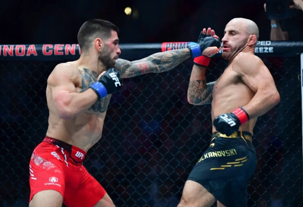 Alexander Volkanovski Picks Max For UFC 308, Ilia Topuria Reacted Ilia Topuria and Alexander Volkanovski during a fight