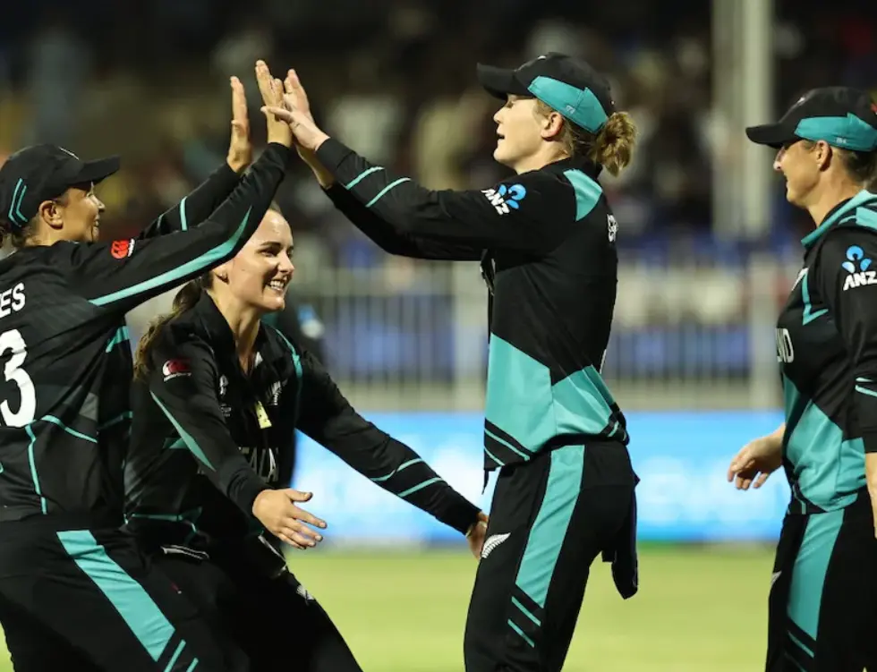 T20 Women’s World Cup 2024, 2nd Semi-Final: WI(W) vs NZ(W)| Match Results| Scorecard| Award Winners| Stats New Zealand Women players celebrating after a wicket during a match