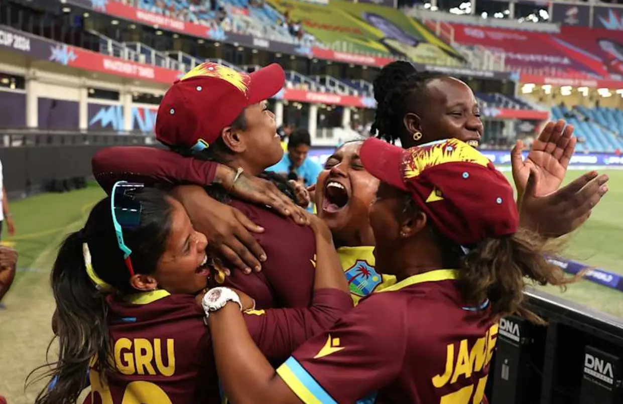 T20 Women’s World Cup 2024, Match 20th: ENG(W) vs WI(W)| Match Results| Scorecard| Award Winners| Stats West Indies women cricket team players celebrating after victory