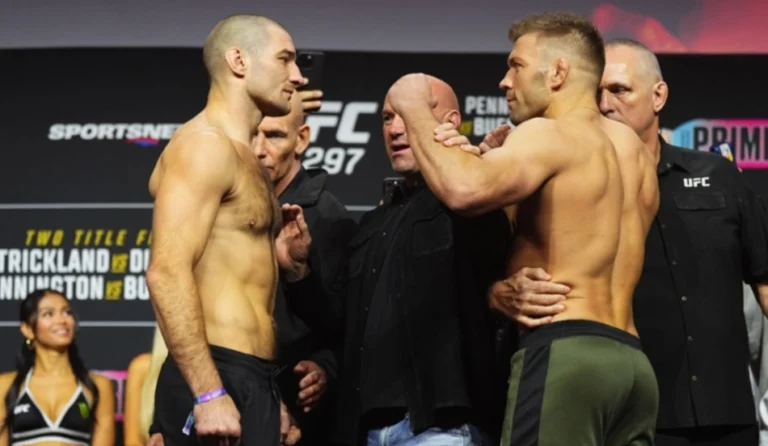 Dricus du Plessis and Sean Strickland during face off