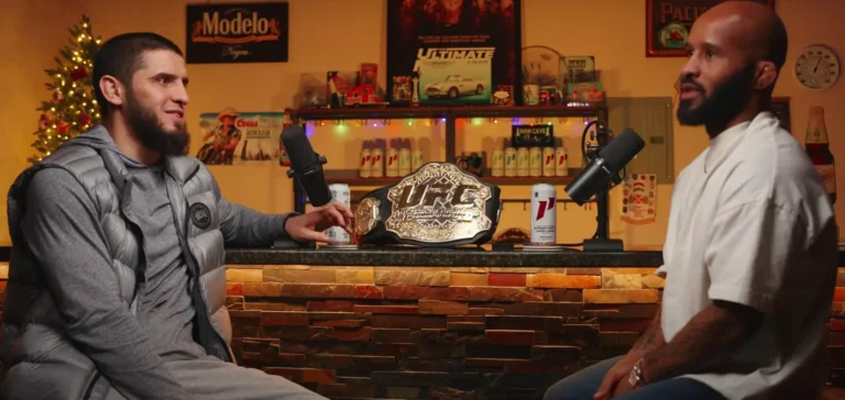 Islam Makhachev and Demetrious Johnson during podcast
