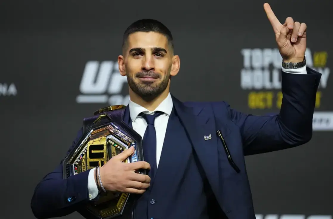Can Ilia Topuria Beat Islam Makhachev at 155lbs? Ilia Topuria during press conference.