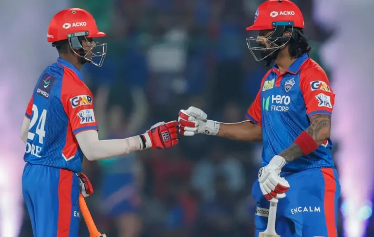 Abishek Porel and KL Rahul during an IPL match