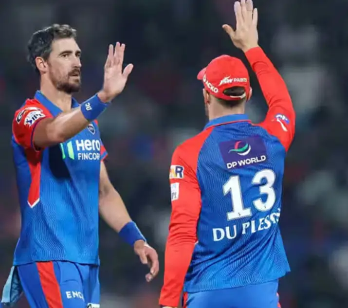 Mitchell Starc and Faf du Plessis during an IPL match