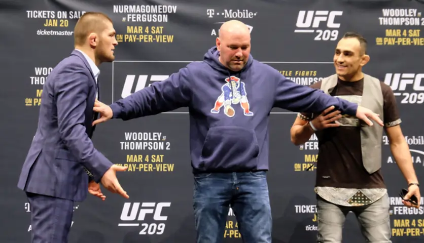 Khabib Nurmagomedov and Tony Ferguson during a press conference