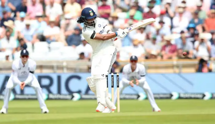 KL Rahul while hitting a shot in a test match
