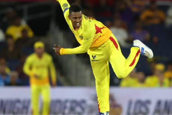 MLC, 2025, Match 21st: TSK vs MINY| Match Highlights| Scorecard| POTM| Captains’ Corner Akeal Hosein during a MLC match