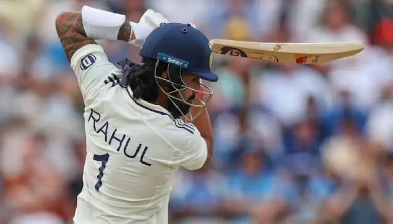 KL Rahul while playing a shot in a test match