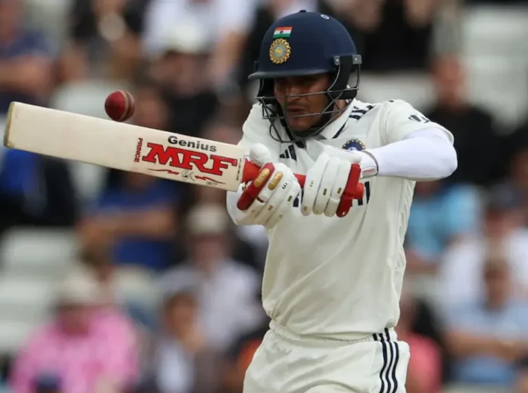 Shubman Gill while hitting a shot during a test match